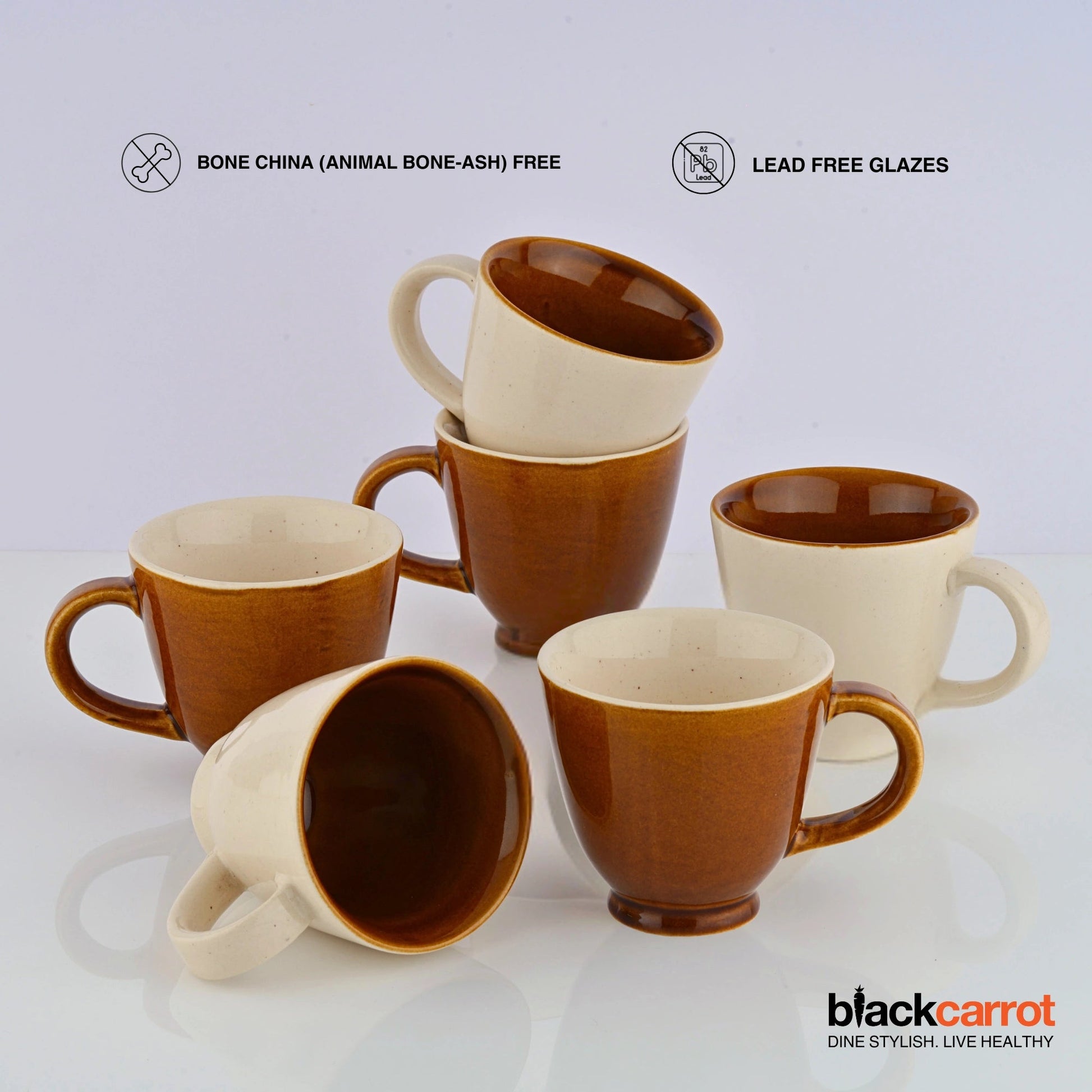 Ceramic Coffee Cup Set | Brown & White | Set of 6 | 150ml | Glossy Finish BlackCarrot
