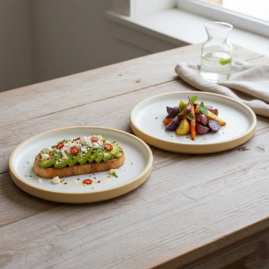 Black Carrot's Beige & White Ceramic Dinner Plates (Set of 6) BlackCarrot