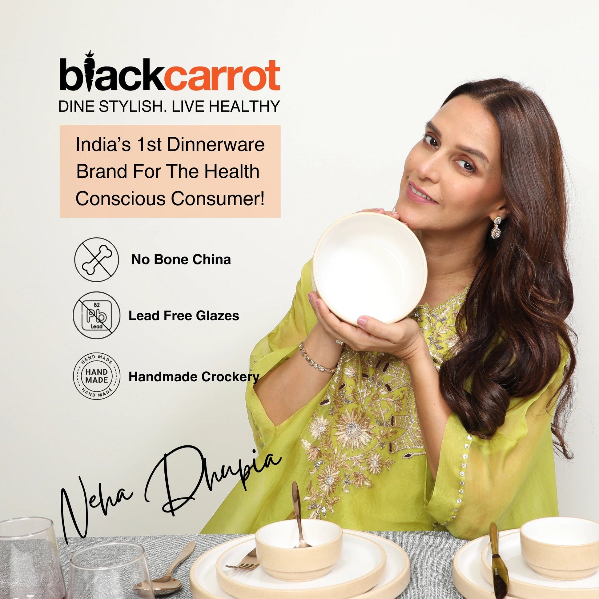 Black Carrot's Beige & White Ceramic Dinner Plates (Set of 6) BlackCarrot