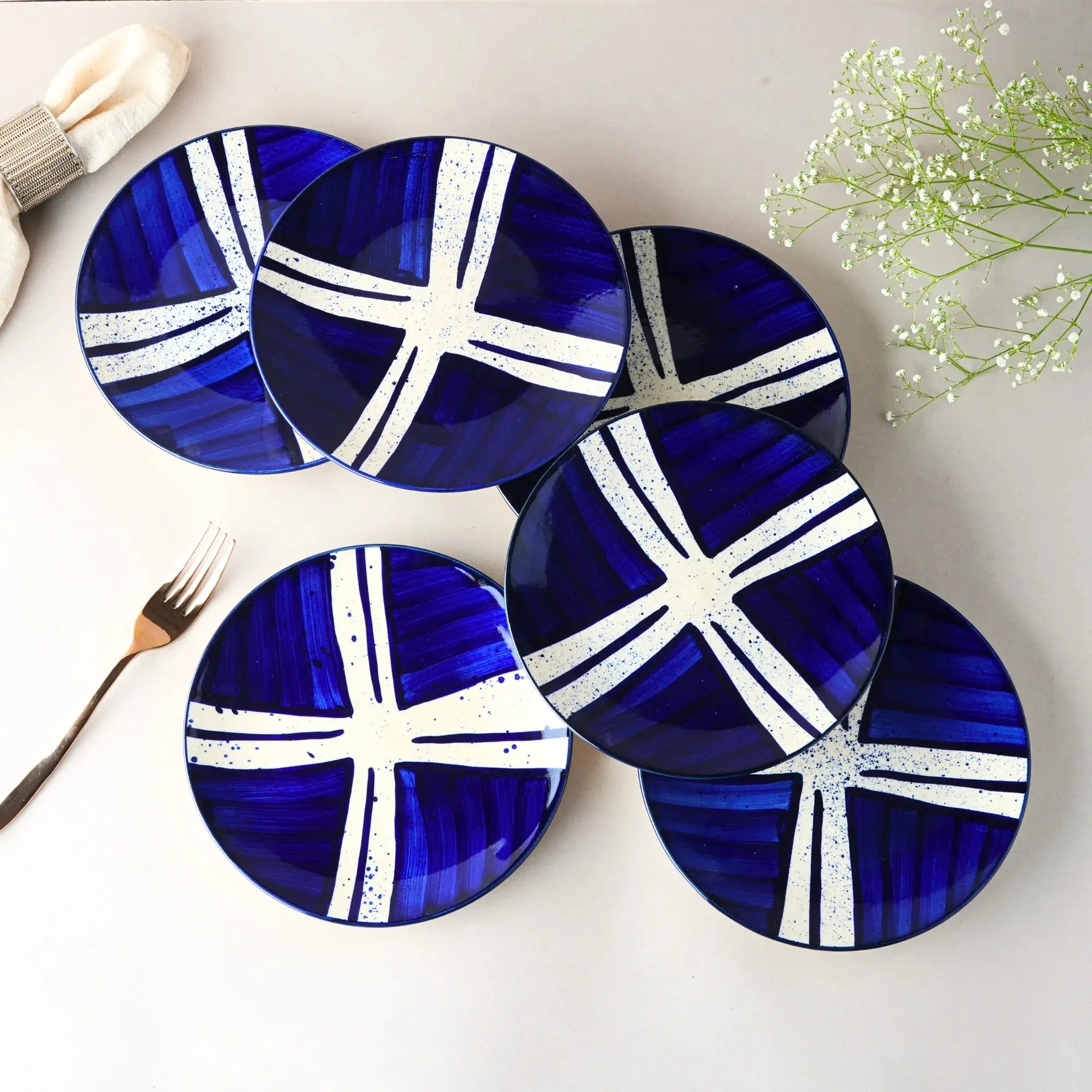 Black Carrot's Stoneware Premium Blue Splash Quarter Plates (Set of 6)