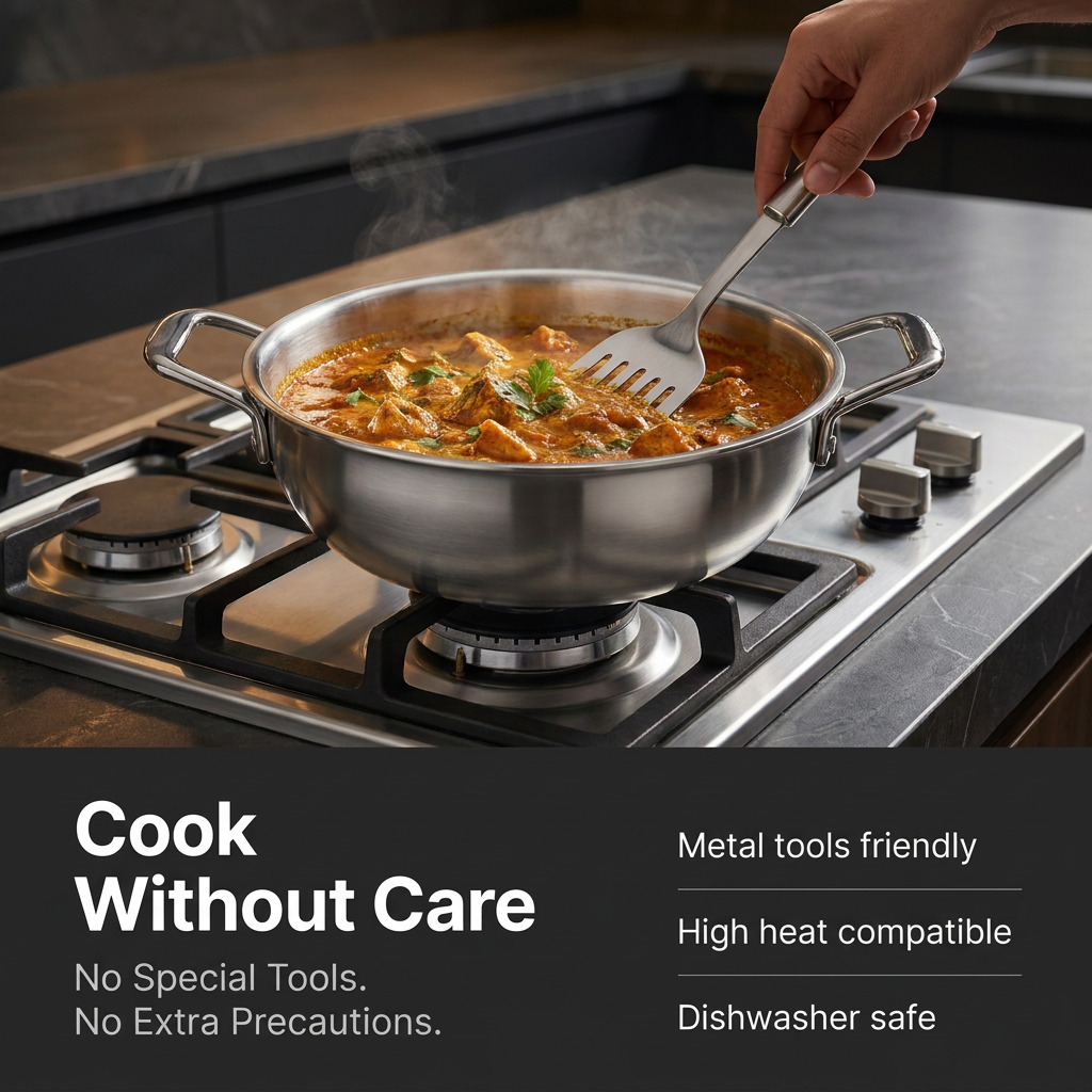 BlackCarrot triply stainless steel kadhai being used for cooking without a coating