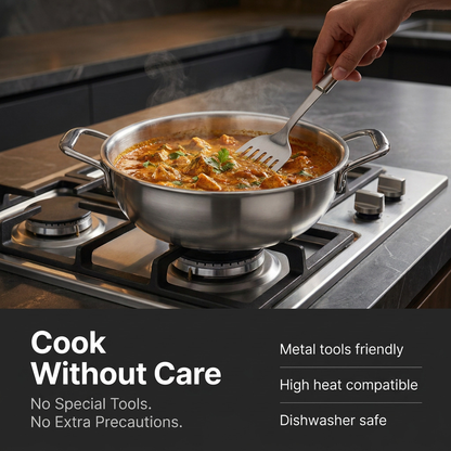 BlackCarrot triply stainless steel kadhai being used for cooking without a coating