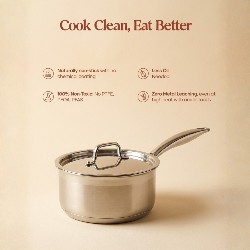 BlackCarrot triply stainless steel saucepan highlighting its cook clean eat better benefits