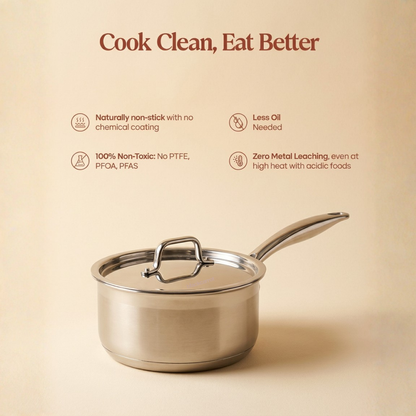 BlackCarrot triply stainless steel saucepan highlighting its cook clean eat better benefits