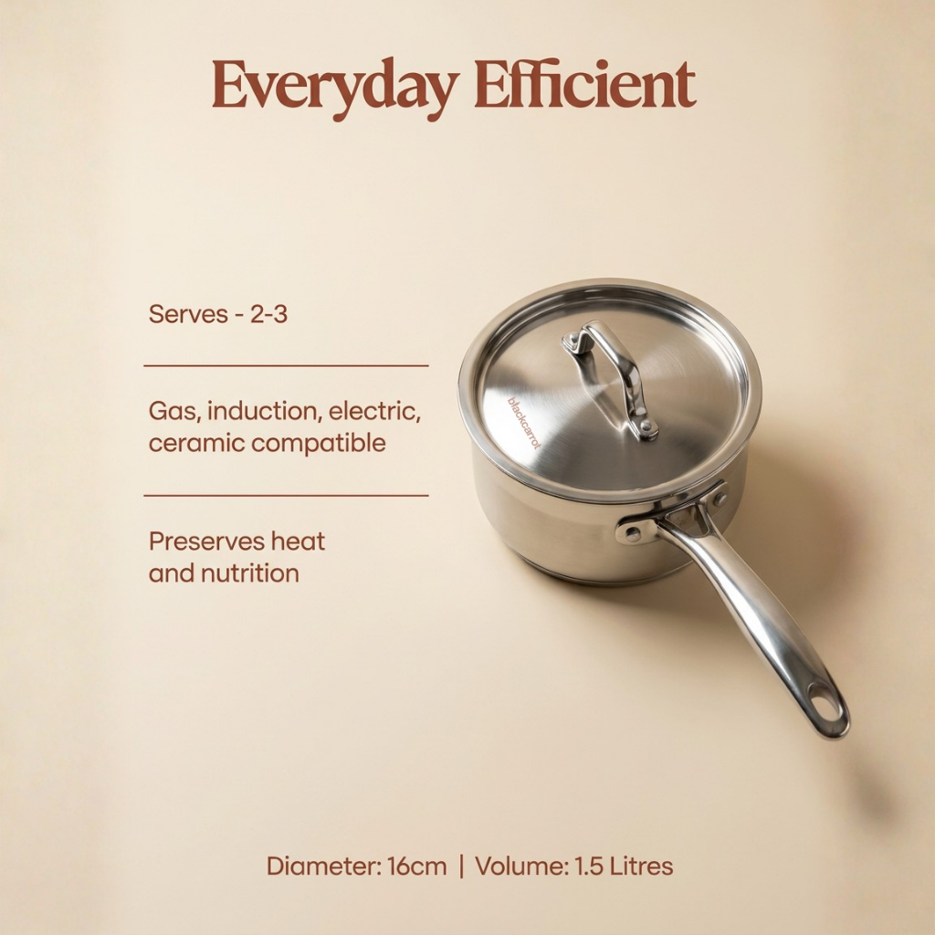 BlackCarrot triply stainless steel saucepan designed for efficient everyday cooking