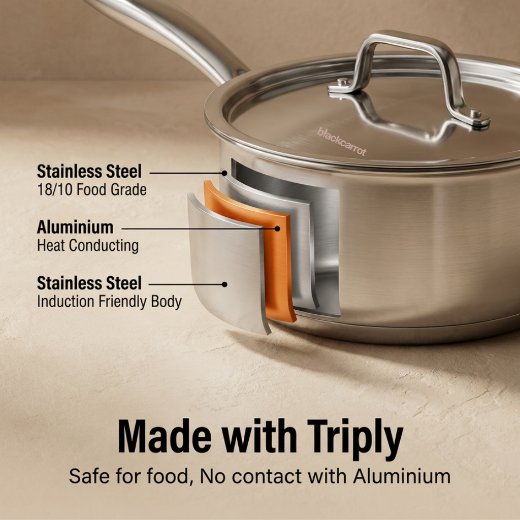 BlackCarrot triply stainless steel saucepan showing its three-layer construction and coating-free design