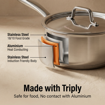 BlackCarrot triply stainless steel saucepan showing its three-layer construction and coating-free design