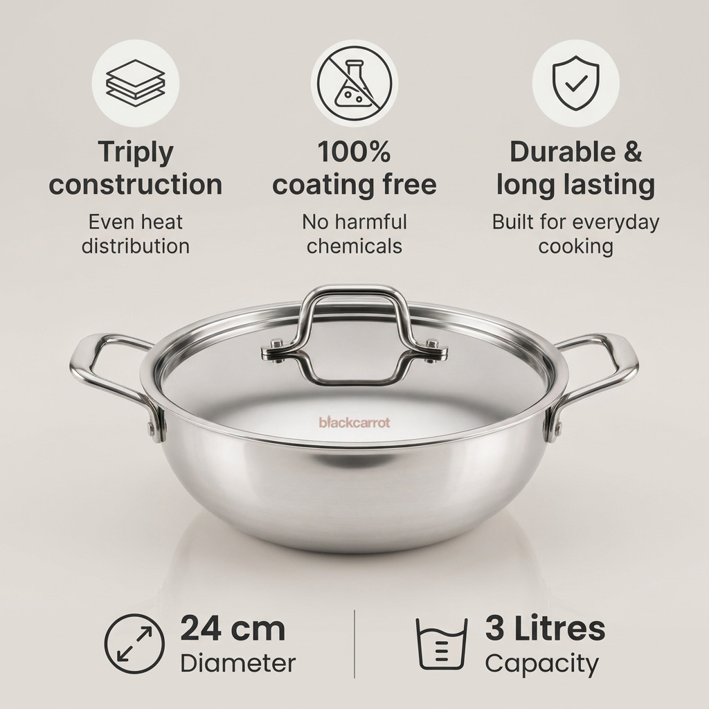 BlackCarrot triply stainless steel kadhai showing its size, capacity and product specifications