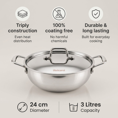 BlackCarrot triply stainless steel kadhai showing its size, capacity and product specifications