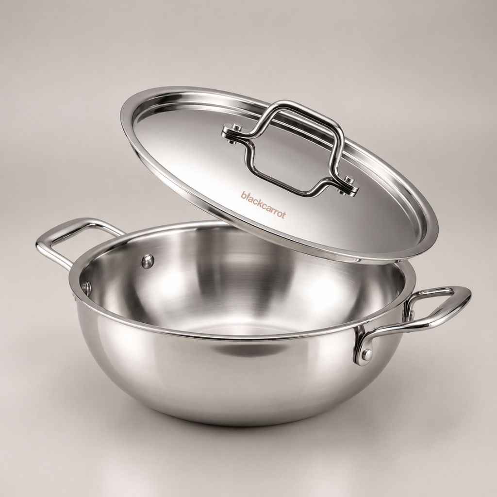 BlackCarrot triply stainless steel kadhai with lid shown from a top angle