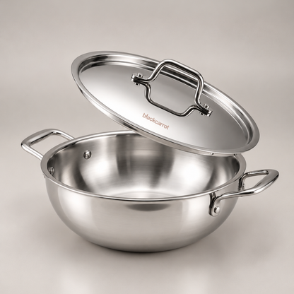 BlackCarrot triply stainless steel kadhai with lid shown from a top angle