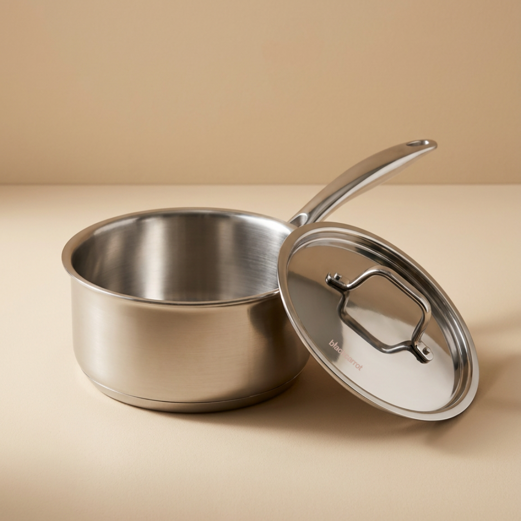 BlackCarrot triply stainless steel saucepan with lid shown from a top angle