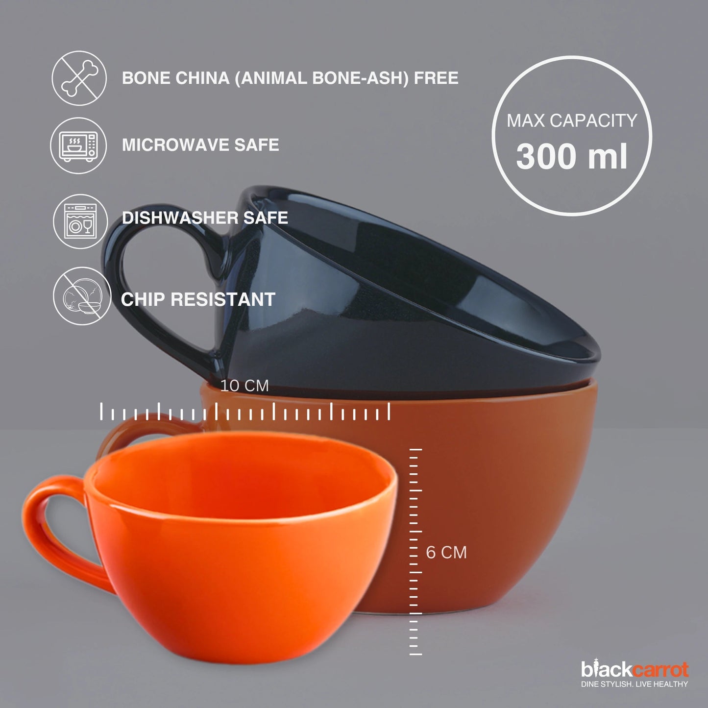 Ceramic Coffee Mugs, Set of 2, Black & Orange, 300ml | Glossy Finish BlackCarrot