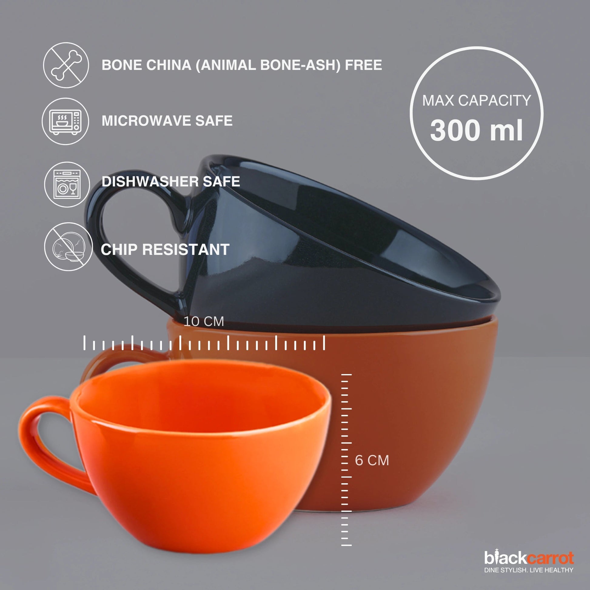 Ceramic Coffee Mugs, Set of 2, Black & Orange, 300ml | Glossy Finish BlackCarrot