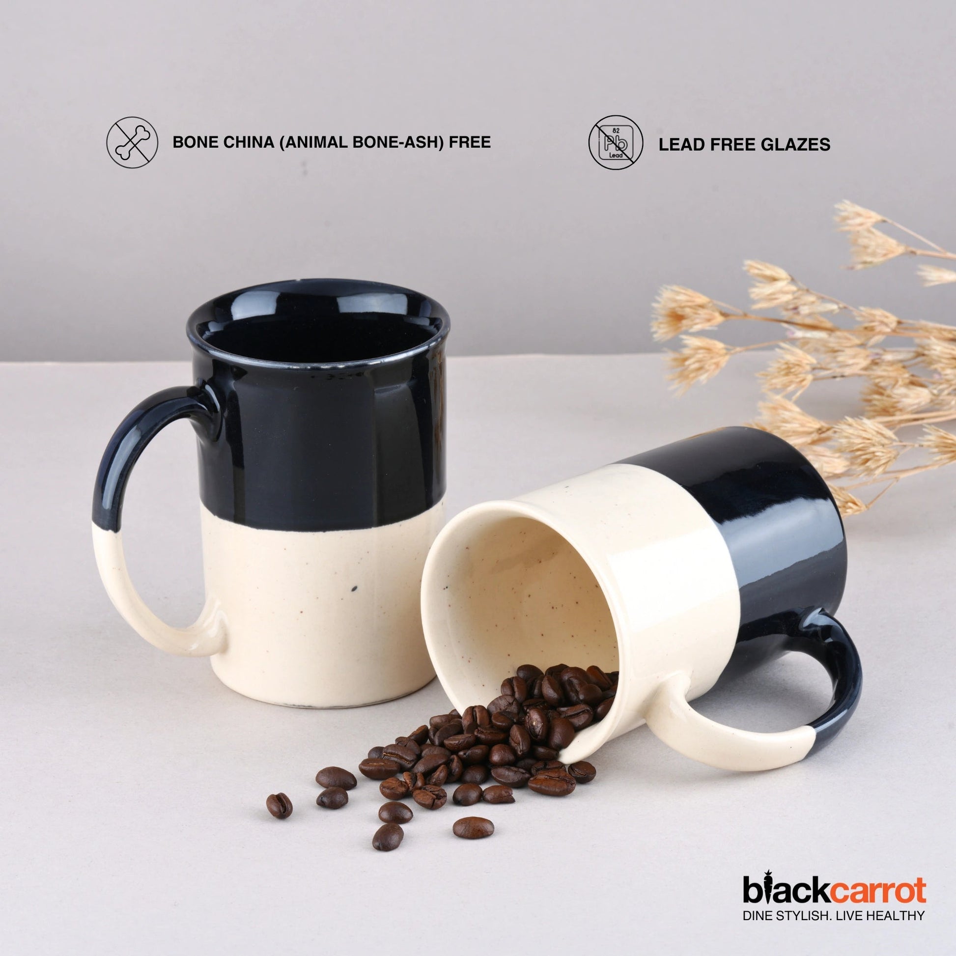 Ceramic Coffee Mugs, Tall  Mug Set of 2, Black & White, 300ml | Glossy Finish BlackCarrot