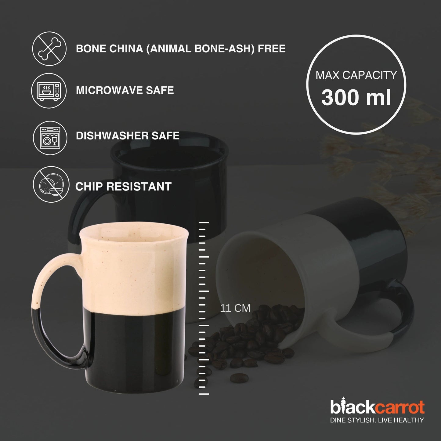 Ceramic Coffee Mugs, Tall  Mug Set of 2, Black & White, 300ml | Glossy Finish BlackCarrot