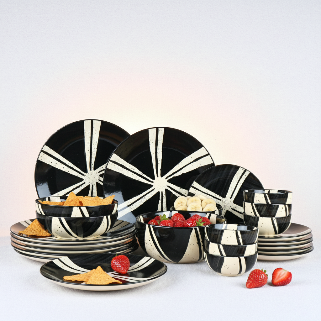 21 Piece Ceramic Dinner Set | Premium Splash Stoneware BlackCarrot