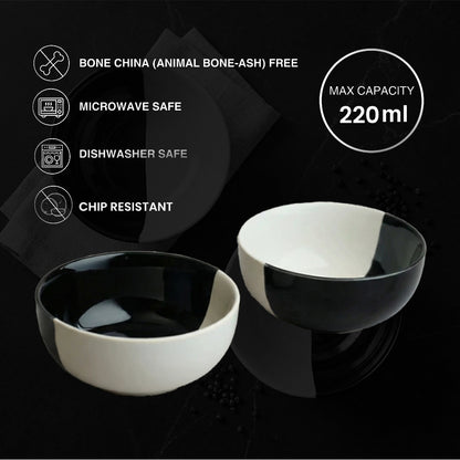 Two black and white ceramic bowls with product features on a dark background