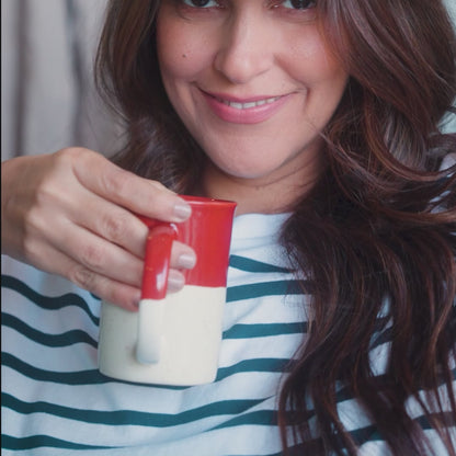 Ceramic Coffee Mugs, Tall  Mug Set of 2, Red & White, 300ml | Glossy Finish