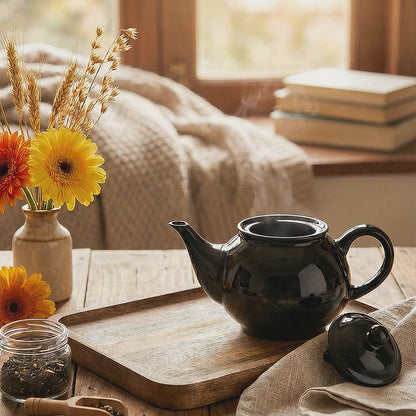 Black Ceramic Teapot | 600ml | Glossy Finish | Microwave Safe | Dishwasher Safe