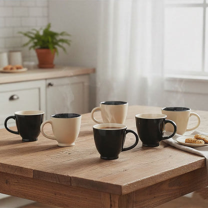 Ceramic Coffee Cup Set | Black & White | Set of 6 | 150ml | Glossy Finish