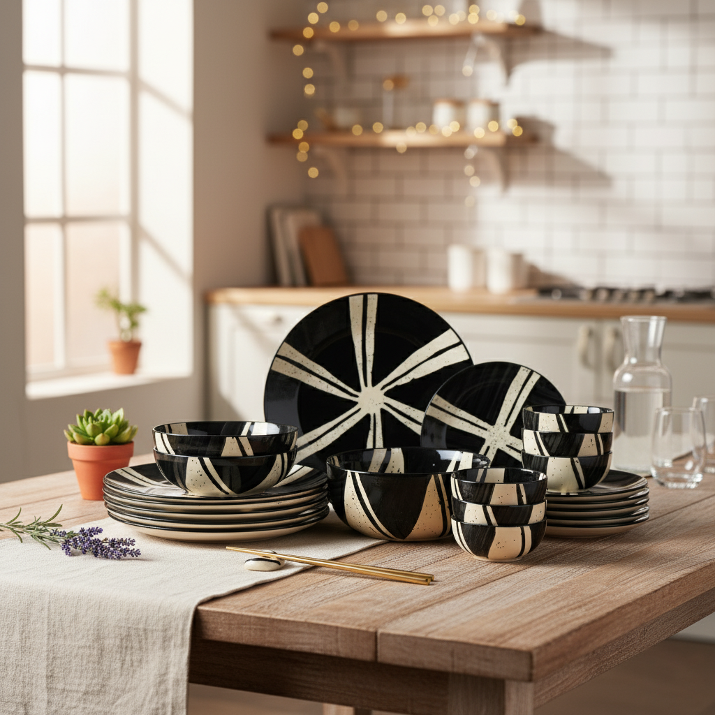 21 Piece Ceramic Dinner Set | Premium Splash Stoneware BlackCarrot
